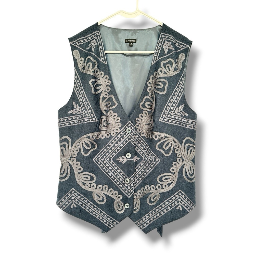 J. Peterman Wool Embroidered Vest Women 16 Gray Boho Western Tapestry Waistcoat